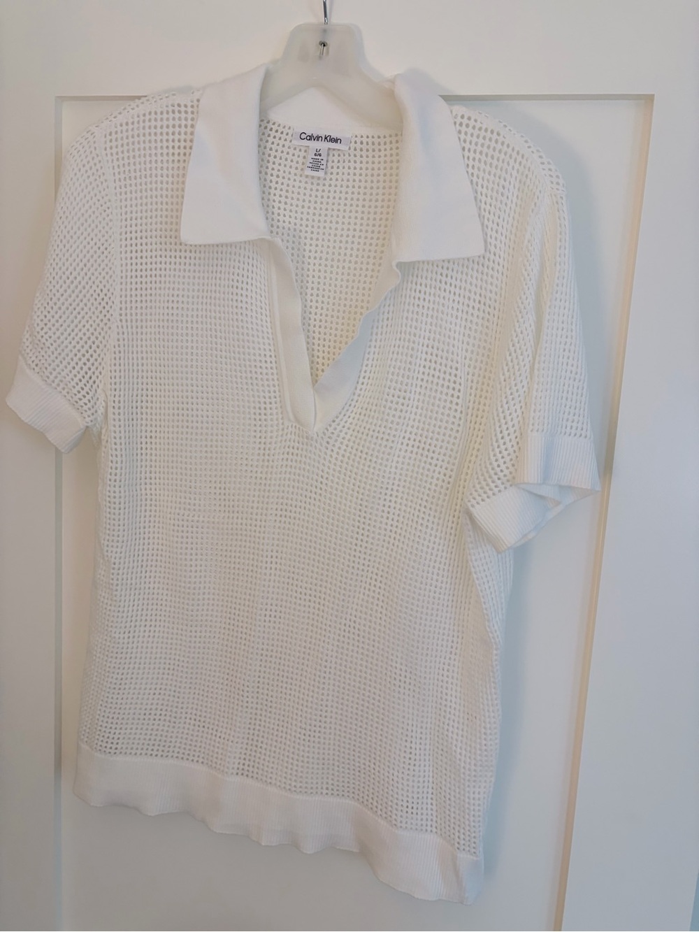Calvin Klein White Mesh Short-Sleeve Polo Top